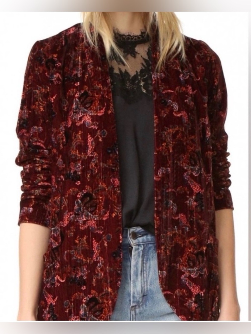 Free People Crinkle Velvet OpenFront Patterned Blazer EUC XS